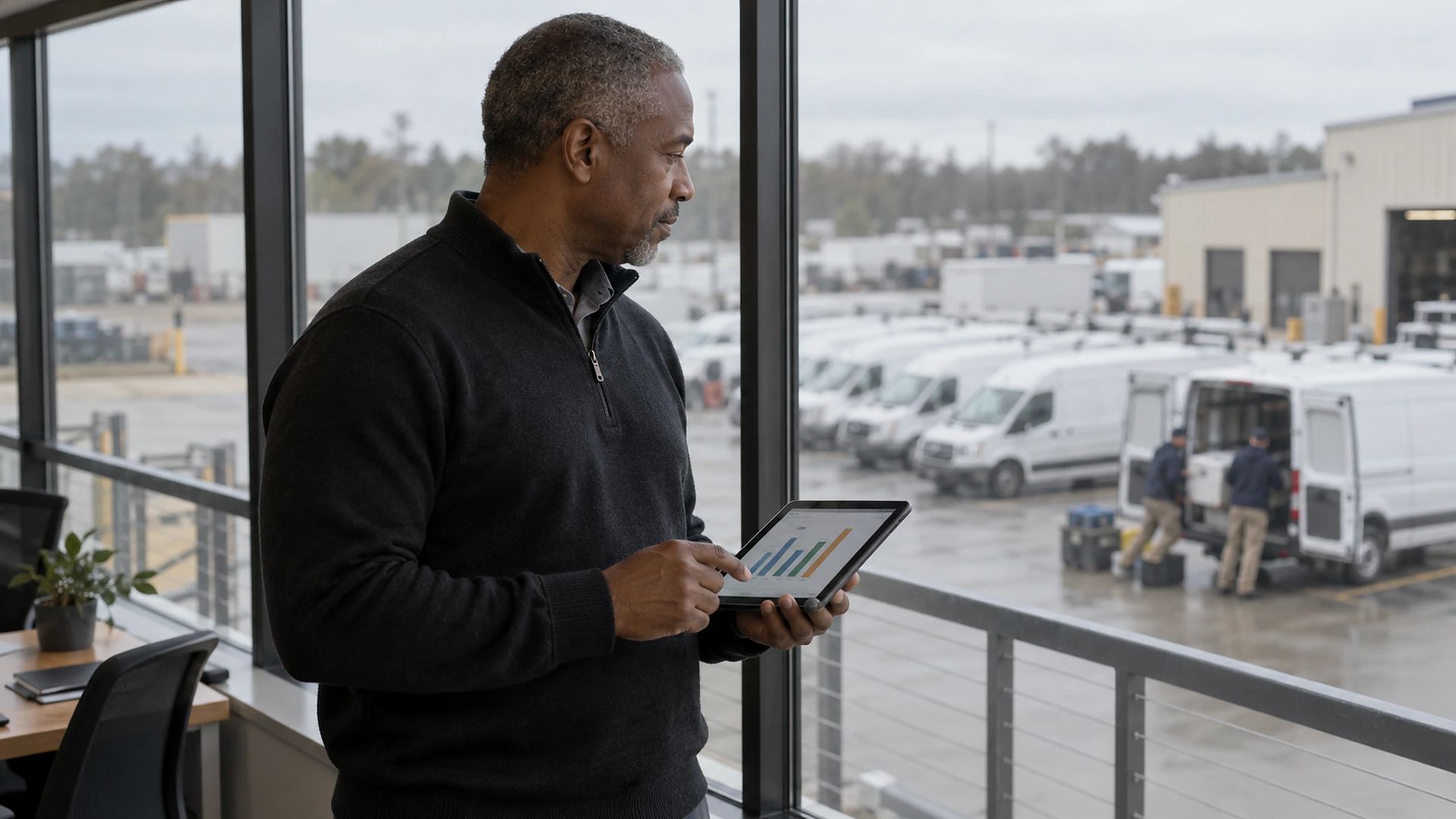 Person holding a tablet at a window overlooking a yard of parked service vans