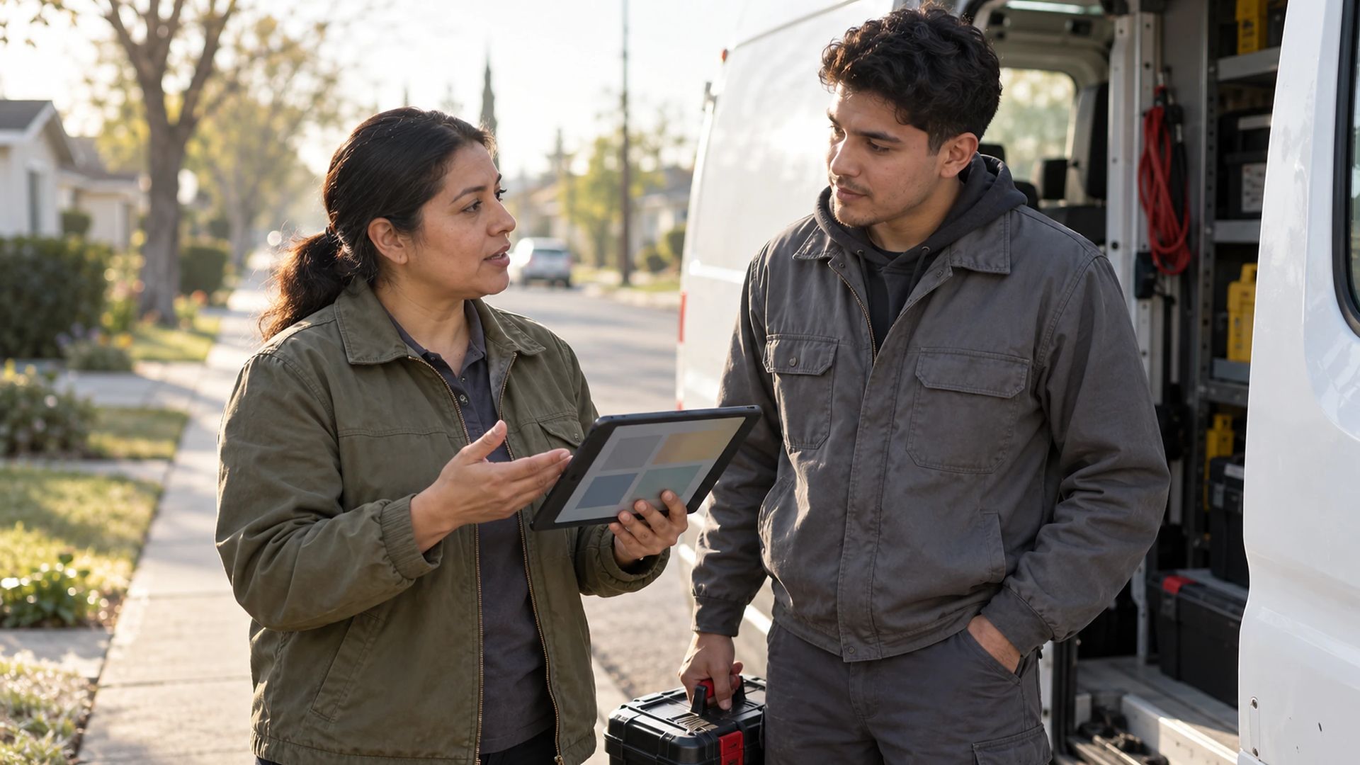 Two people talking beside an open service van, one holding a tablet