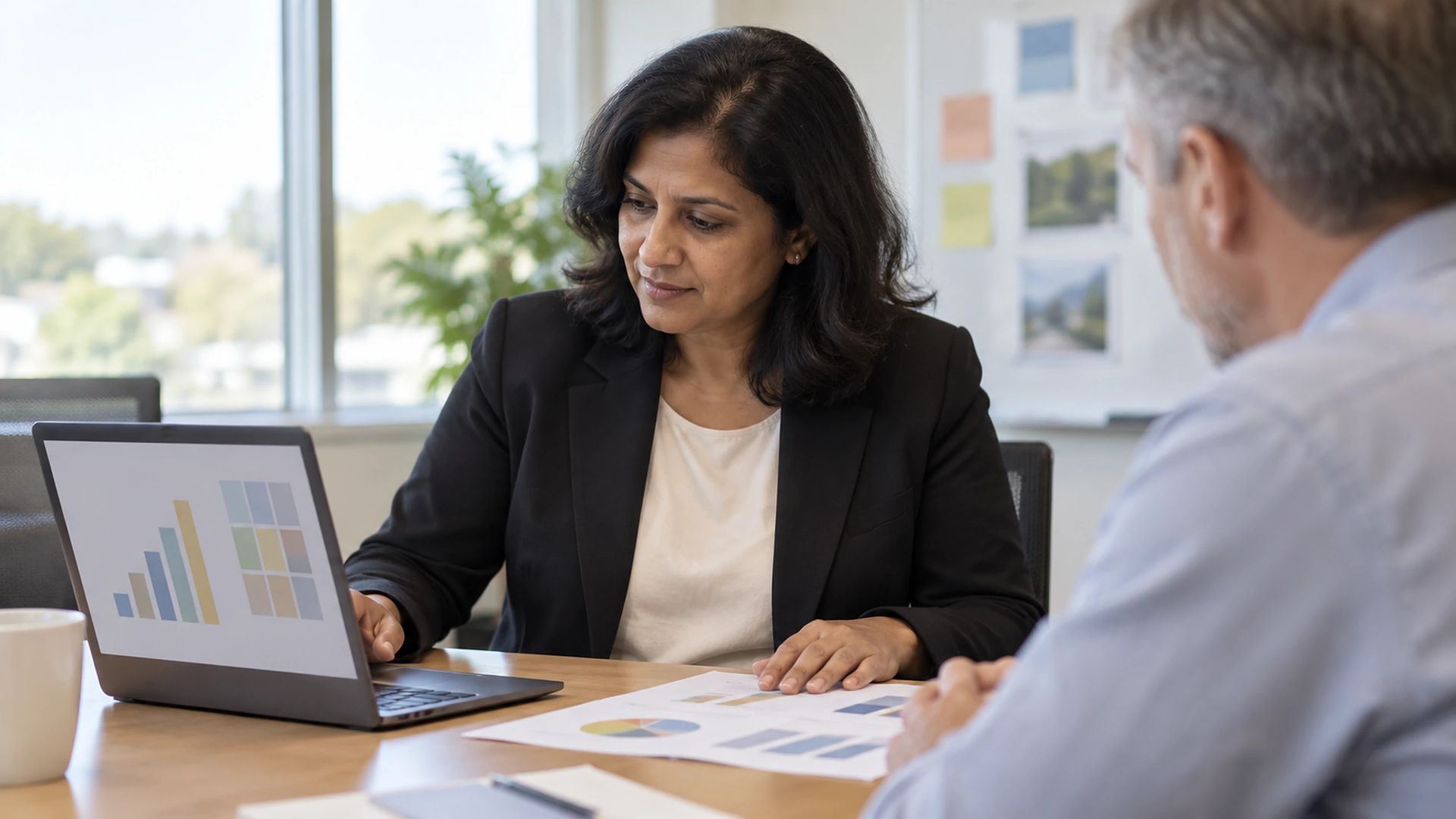 Person in a blazer reviewing staffing charts on a laptop in a meeting room