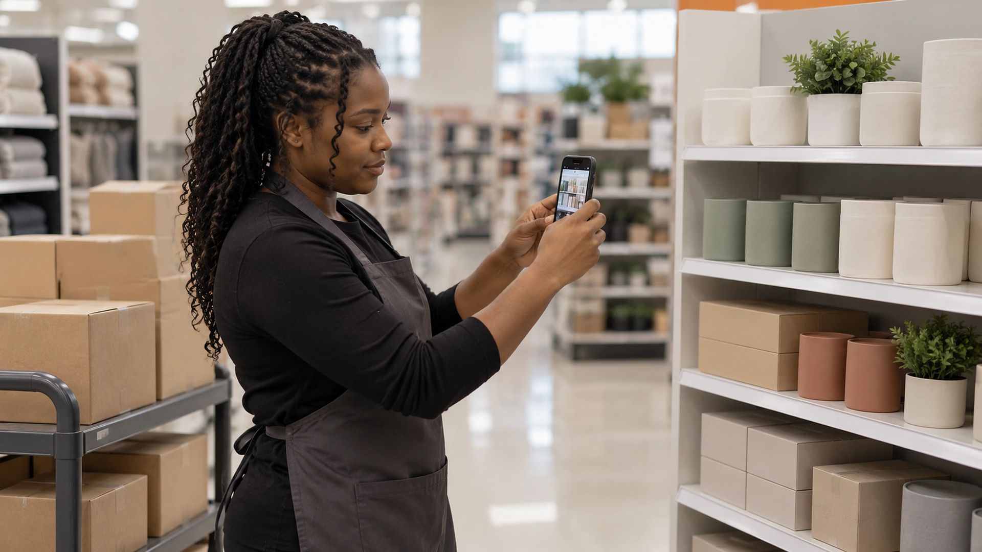 Worker in an apron photographing an end-cap display with a phone