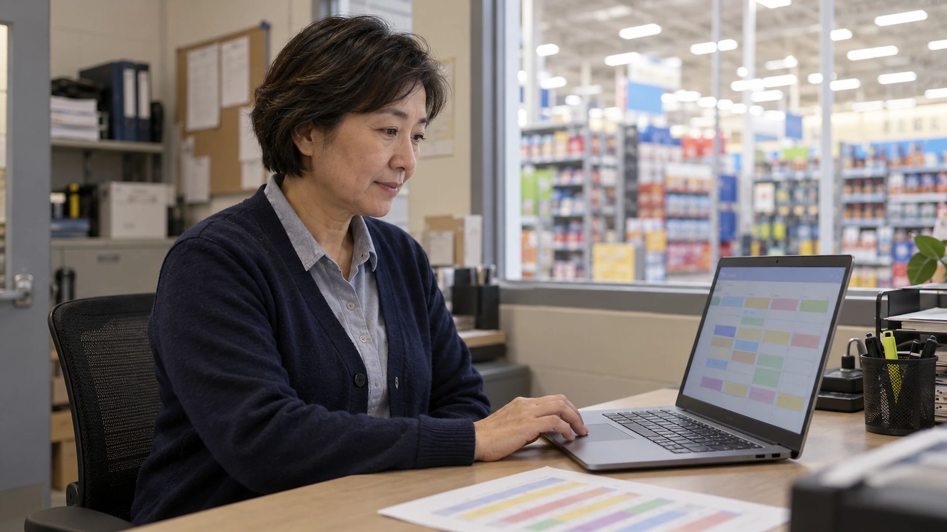 Person reviewing a shift schedule on a laptop in a store back office, the sales floor visible through a window behind