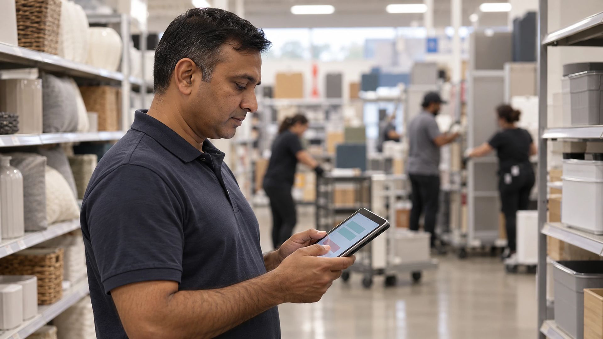 Person holding a tablet in a wide store aisle while a crew moves fixtures