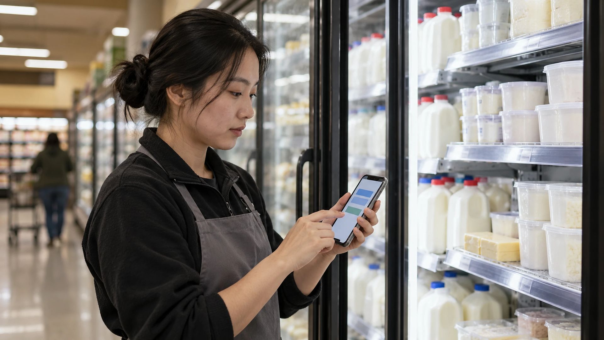 Worker checking the dairy case with a phone