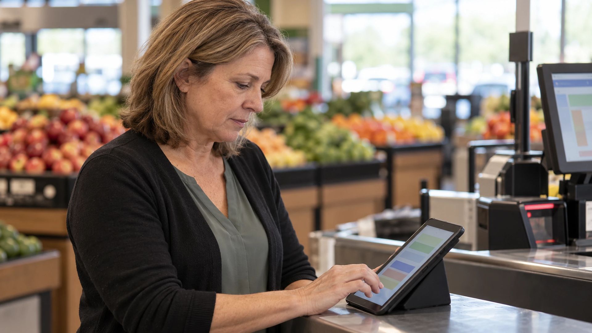 Person holding a tablet near the front registers of a grocery store