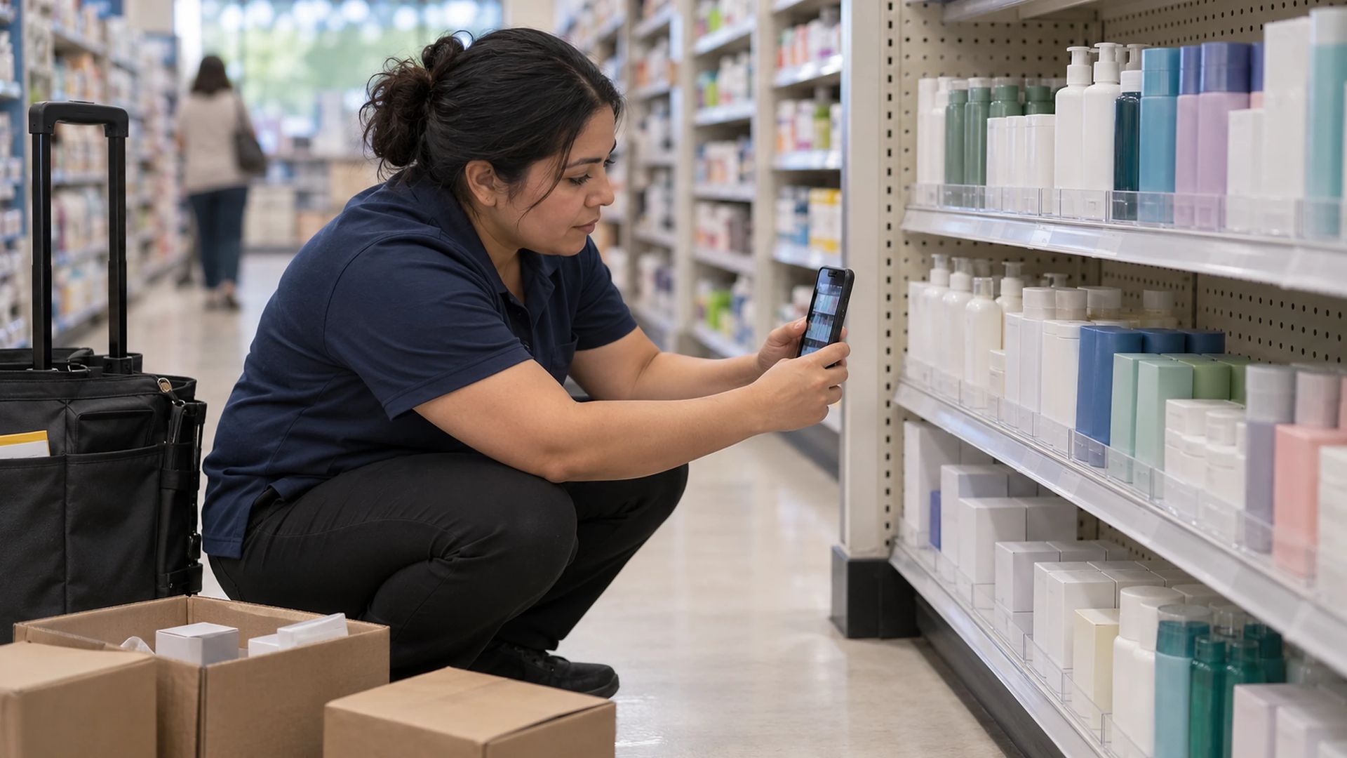 Worker photographing a stocked shelf with a phone, product boxes at their feet