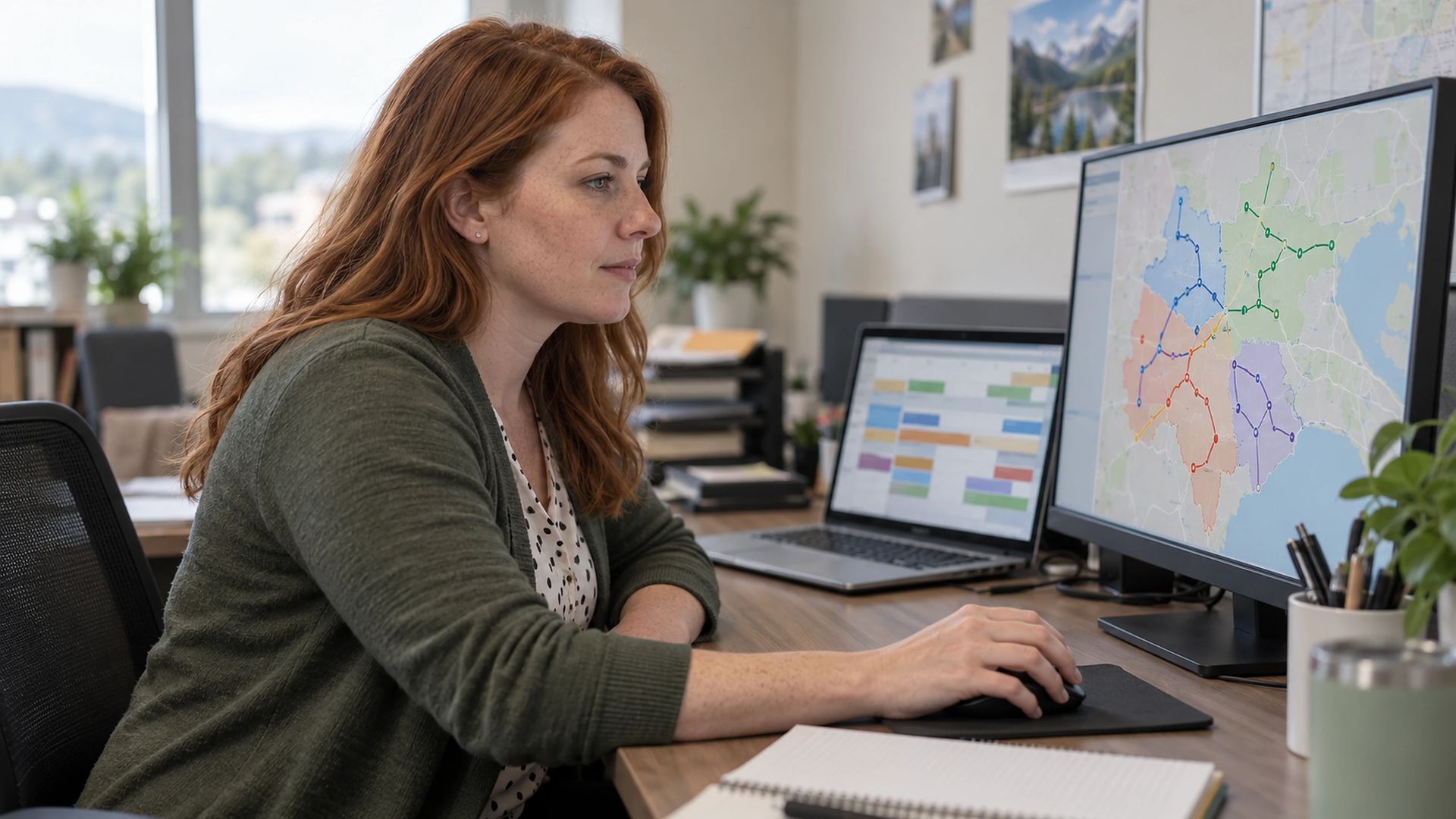 Office worker at a desk with a map on screen