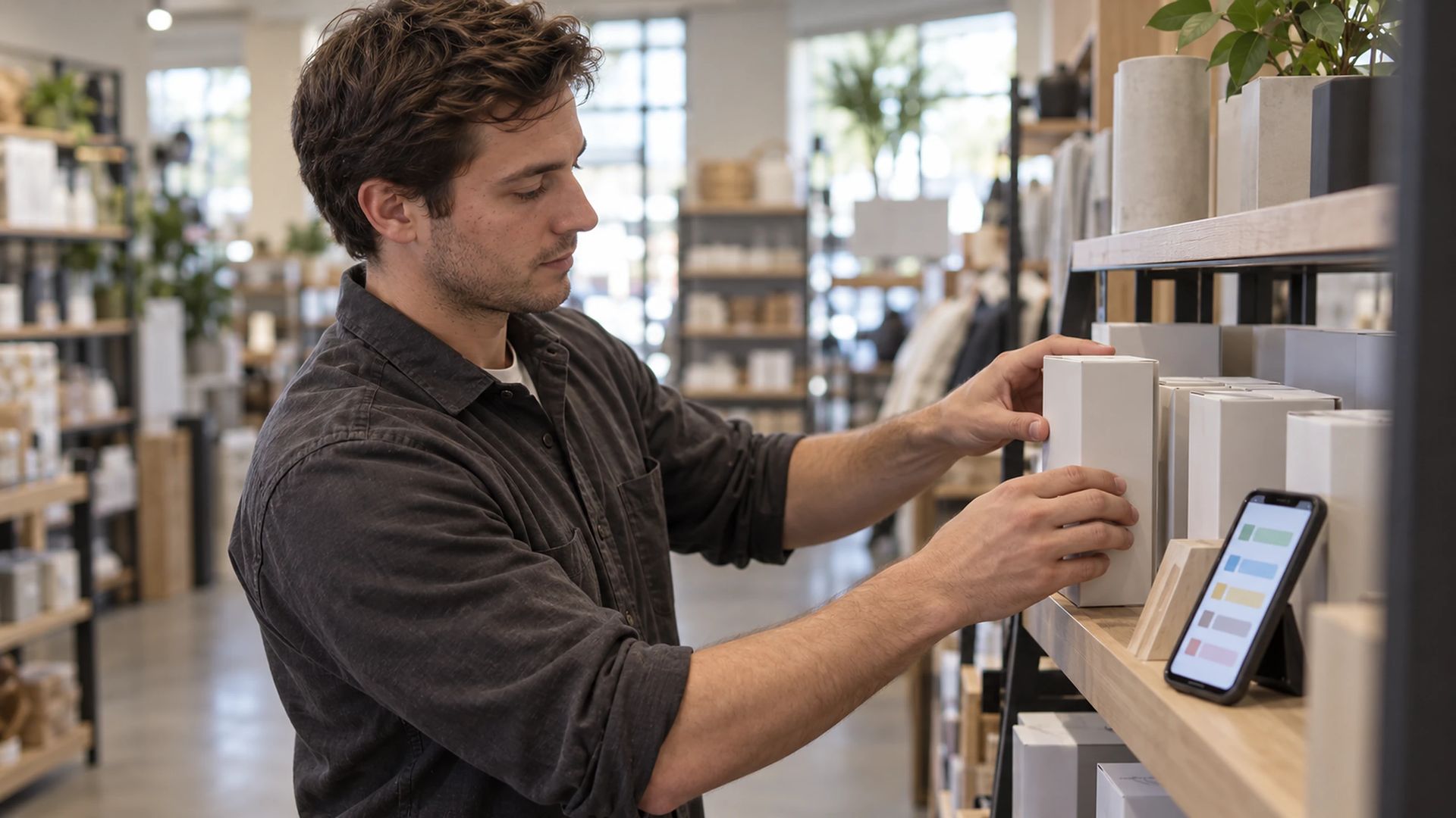 Worker assembling a product display in a specialty store, a phone propped on the fixture