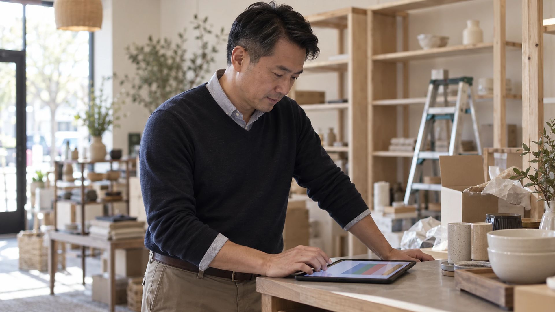 Person holding a tablet in a specialty store beside a half-built display