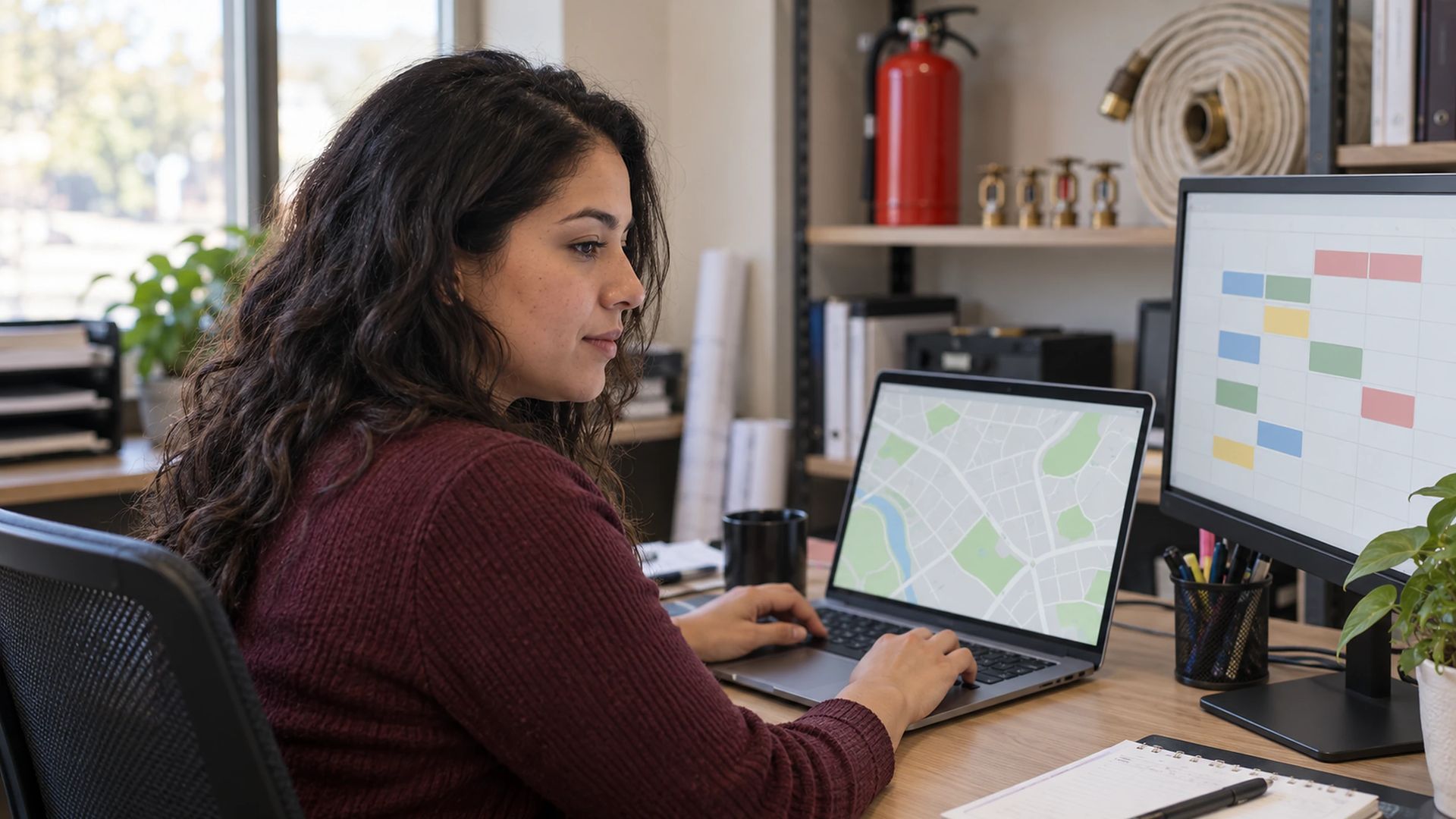Person at a desk with a map and a schedule on screen, fire extinguisher and sprinkler parts on a shelf behind