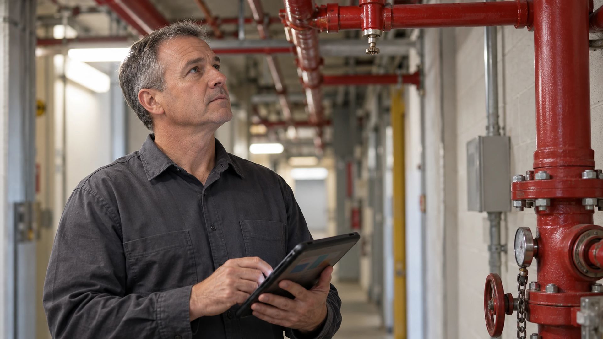 Person holding a tablet in a service corridor under red sprinkler pipes