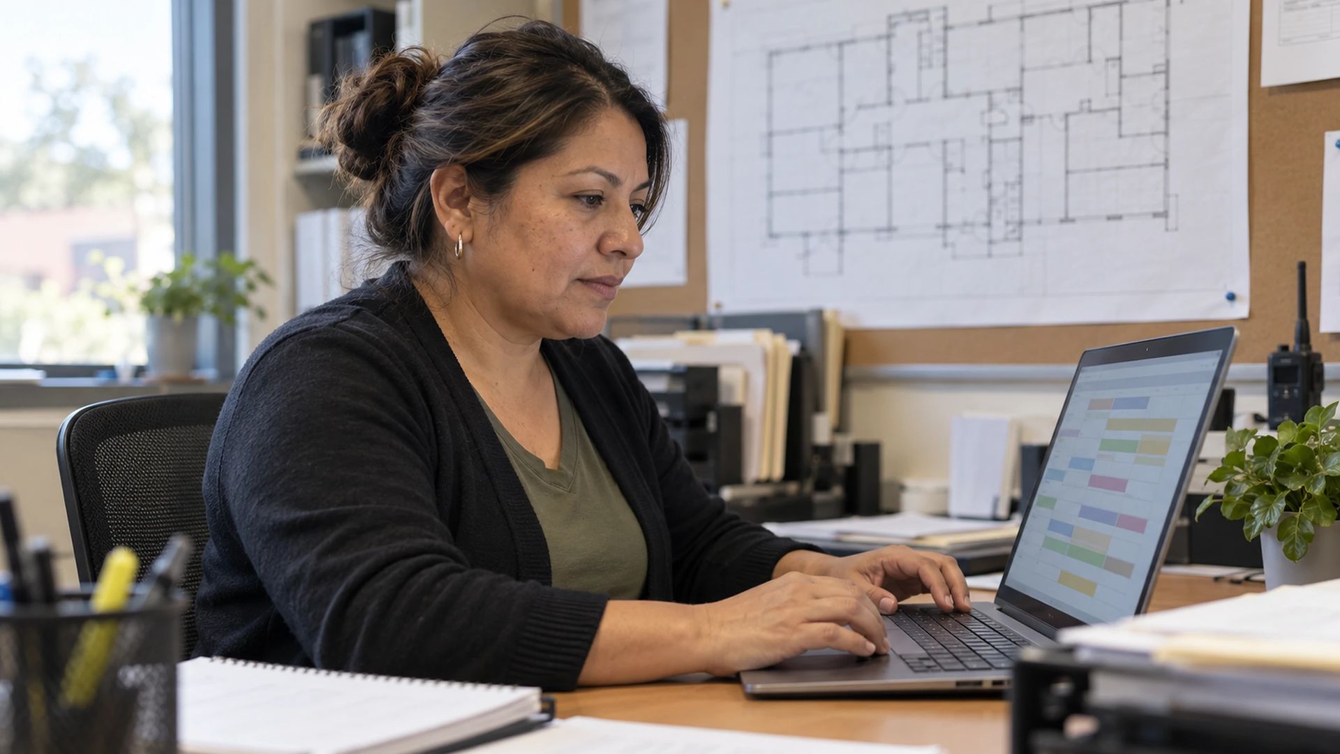 Office worker at a desk in a facilities office, a floor plan pinned behind