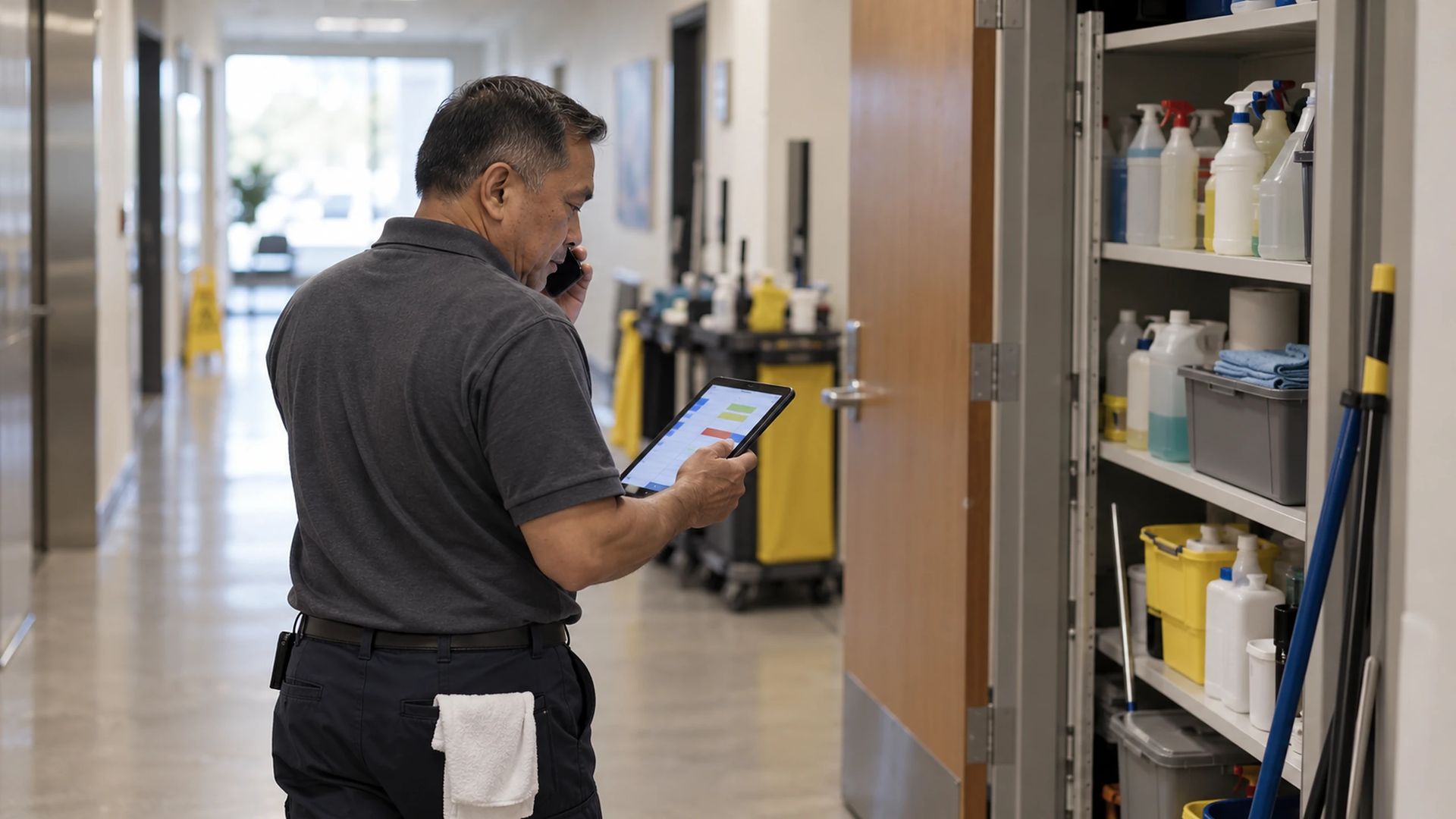 Person on a phone call holding a tablet in a building service corridor