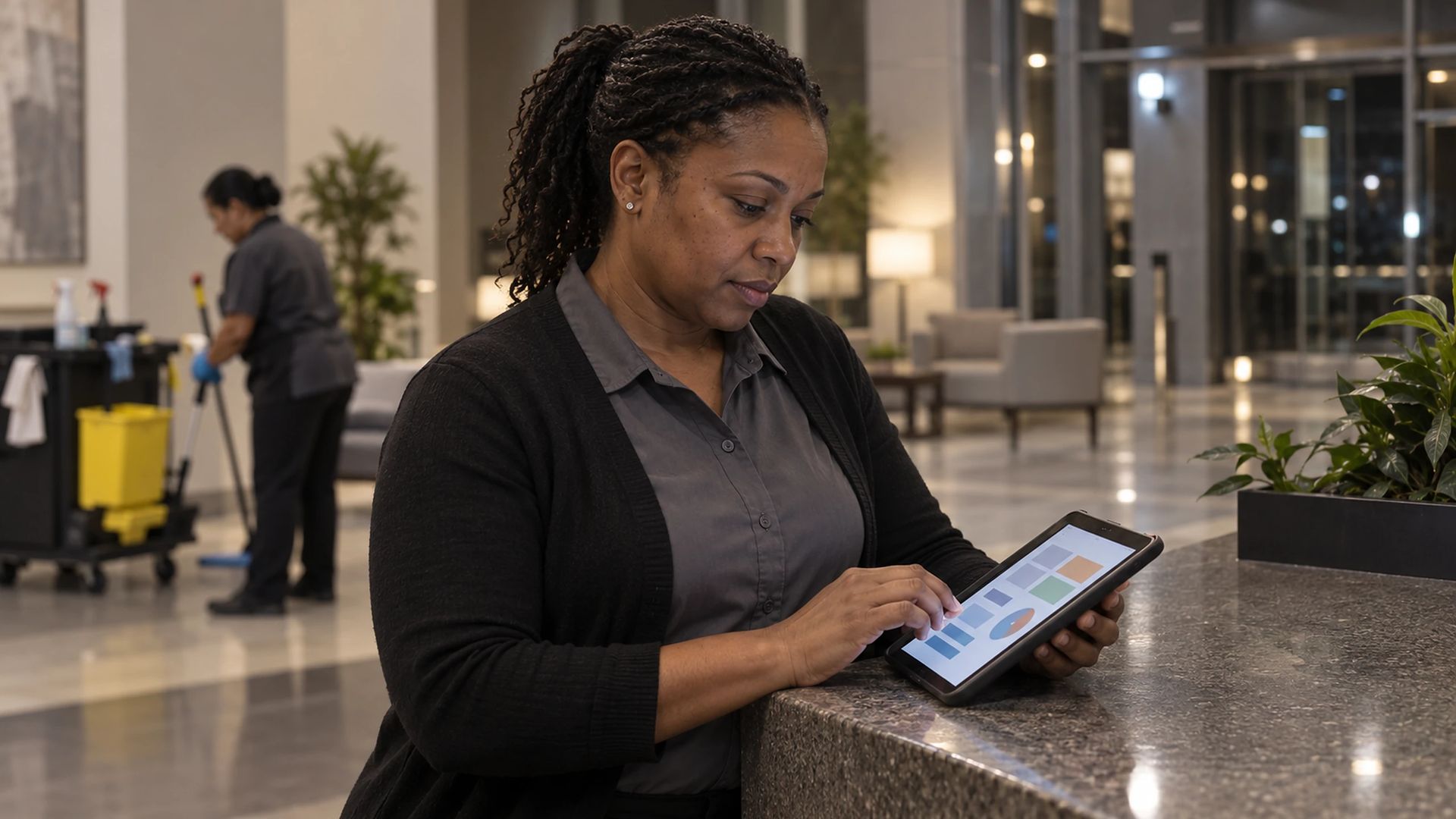 Person holding a tablet in an office lobby after hours, a cleaner with a cart behind
