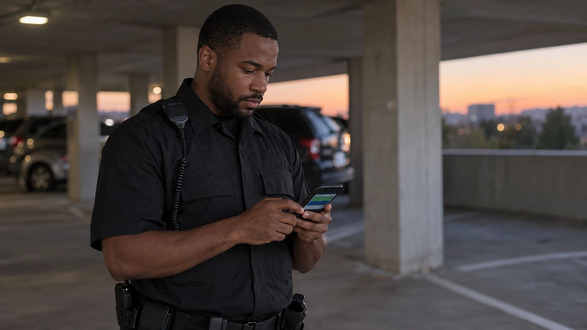 Person in a dark uniform using a phone in a parking structure