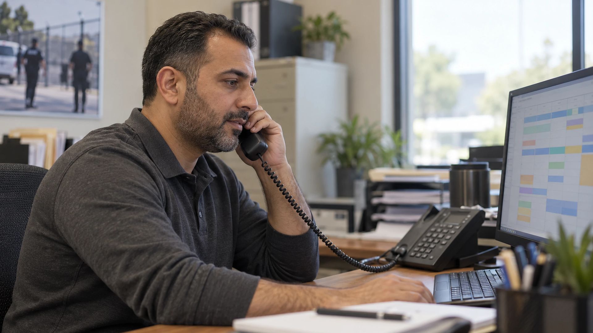 Office worker on a desk phone at a computer