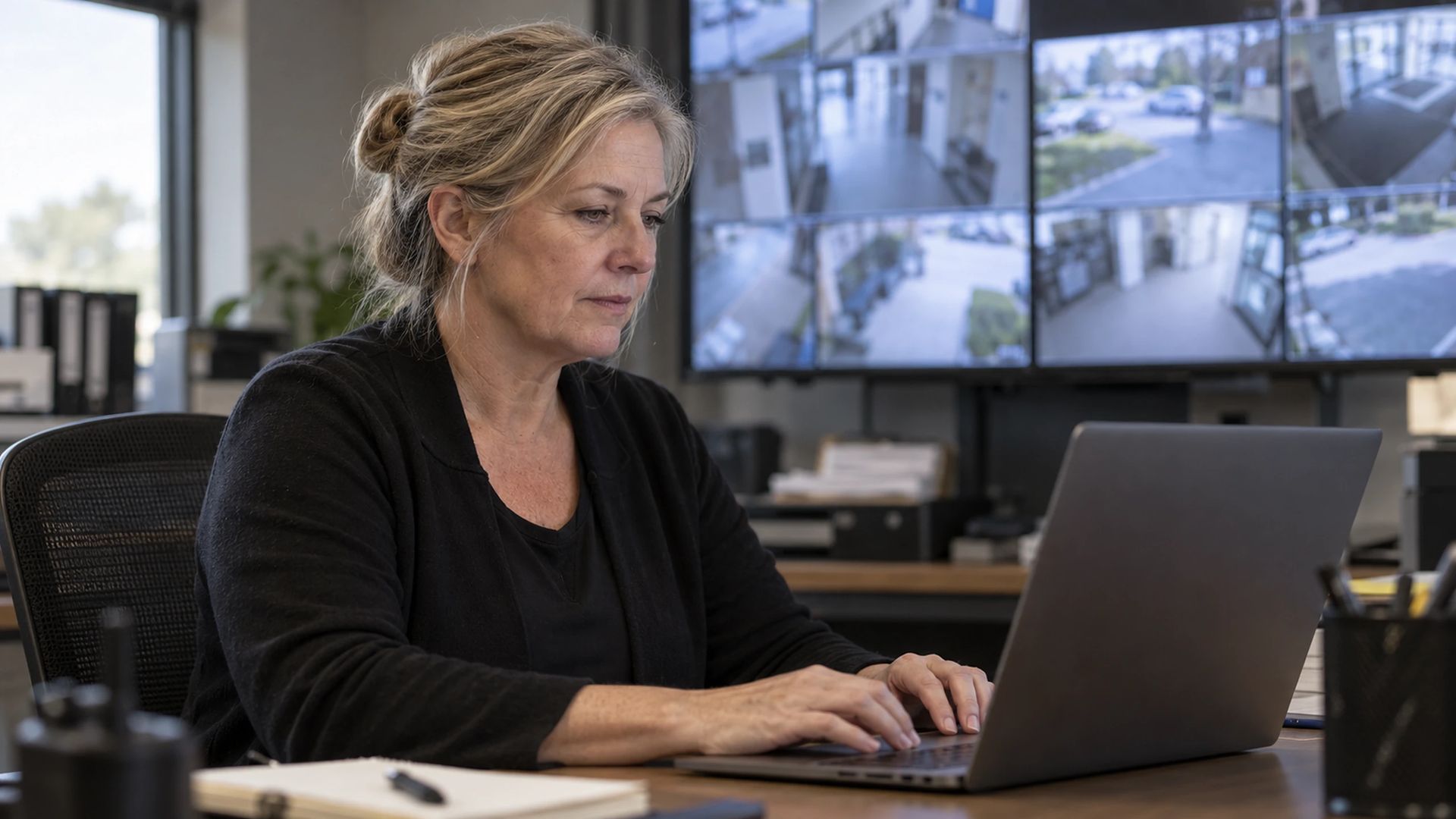 Office worker using a laptop in a control room with a wall of camera feeds
