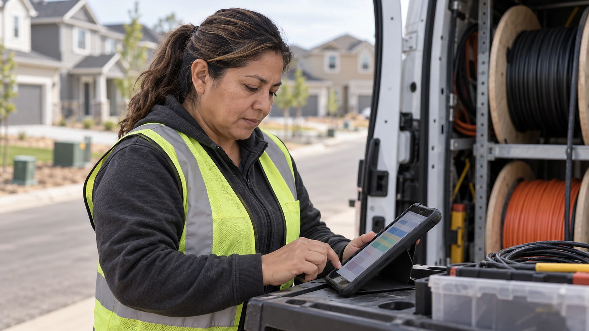 Person holding a tablet beside an open service van with cable reels inside