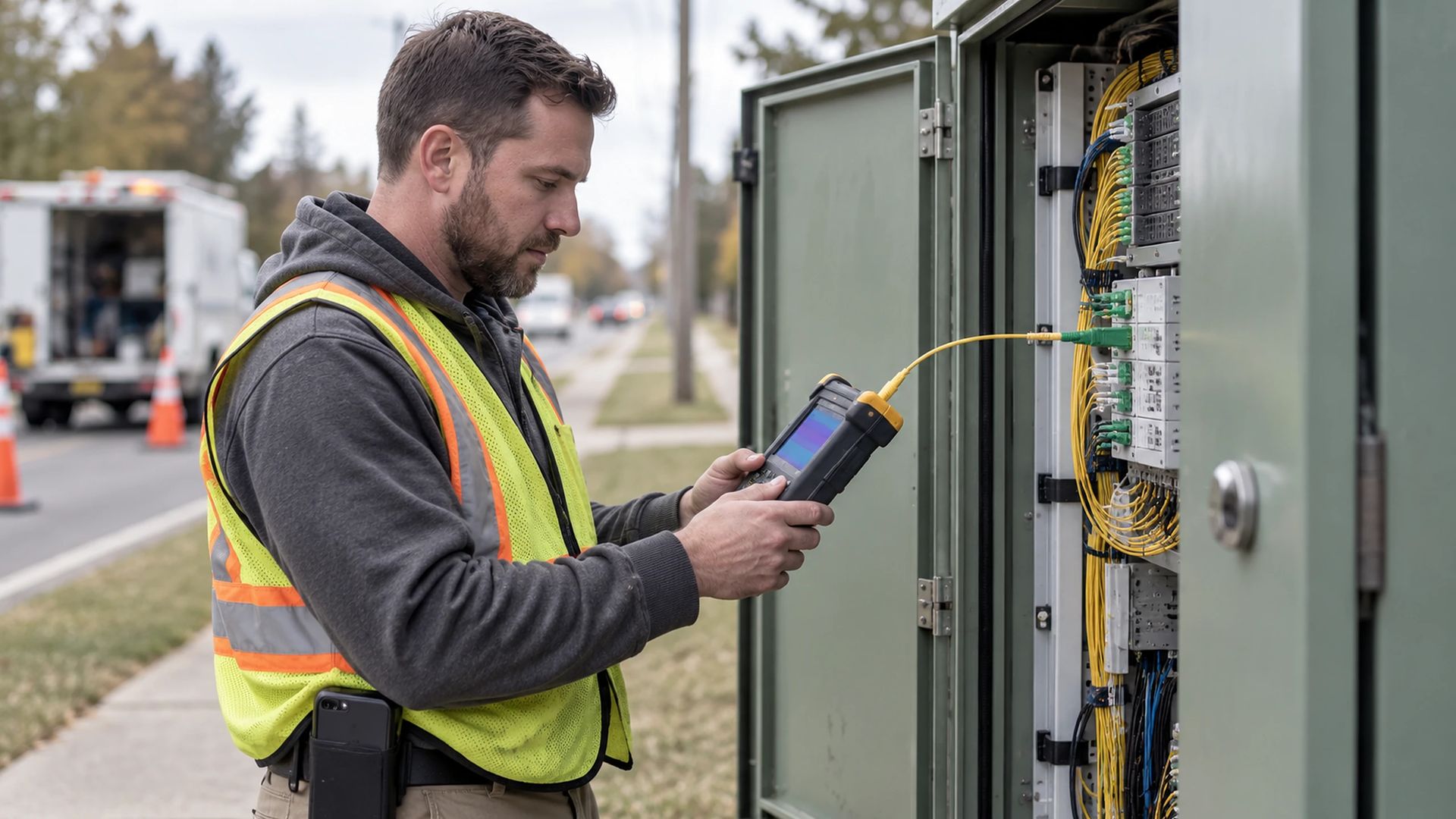 Technician in a hi-vis vest using a handheld meter at an open street cabinet