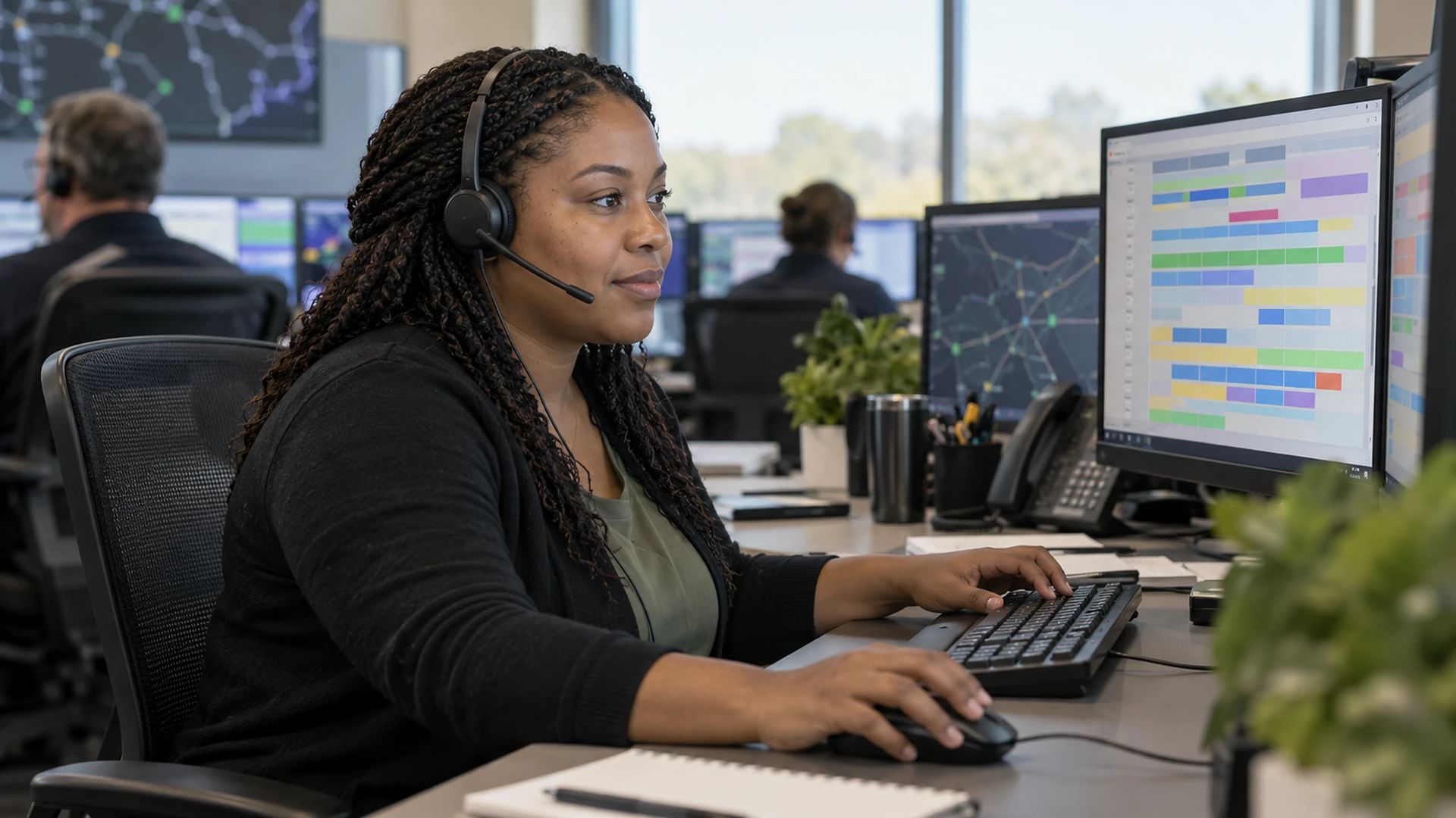 Office worker with a headset at a desk
