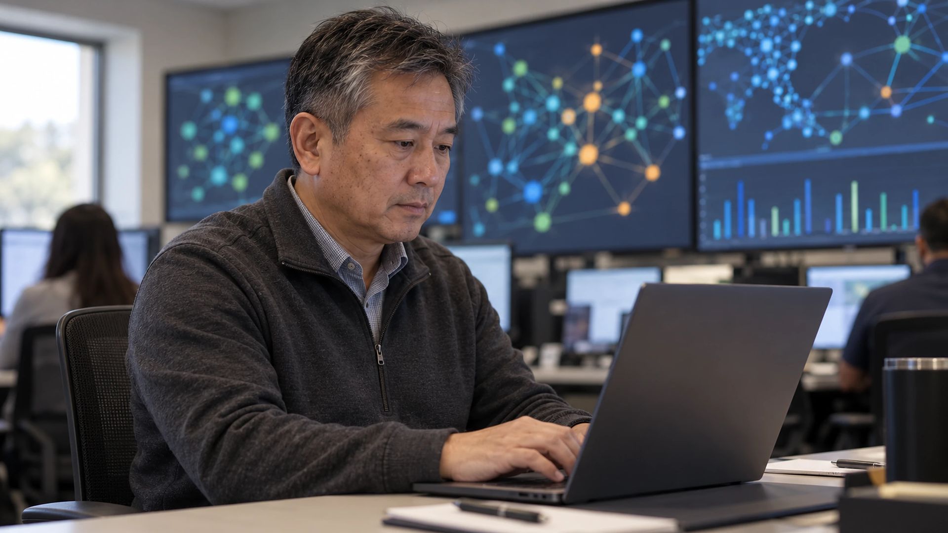 Office worker using a laptop in an operations room with wall screens