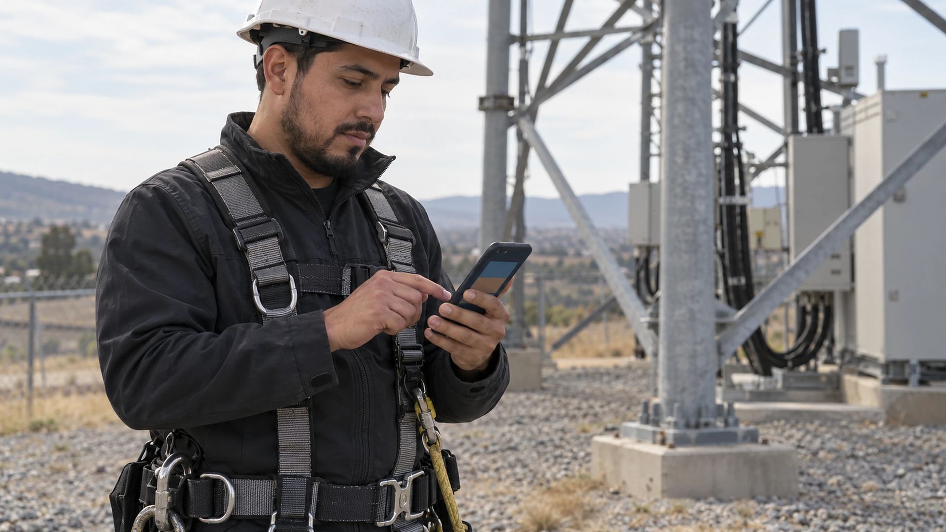 Technician in a climbing harness using a phone at the base of a tower