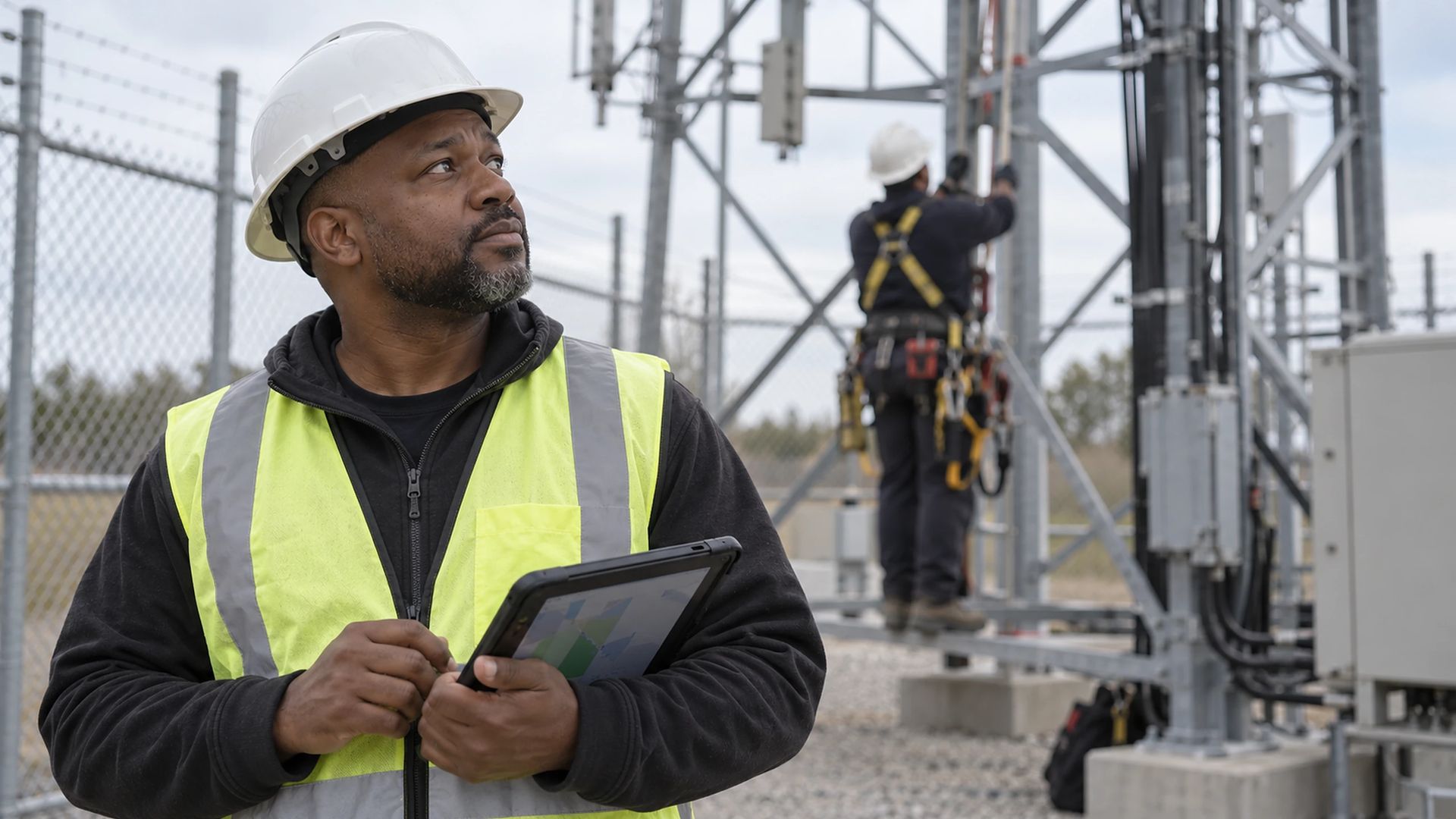 Person in a hard hat and hi-vis holding a tablet at the base of a cell tower