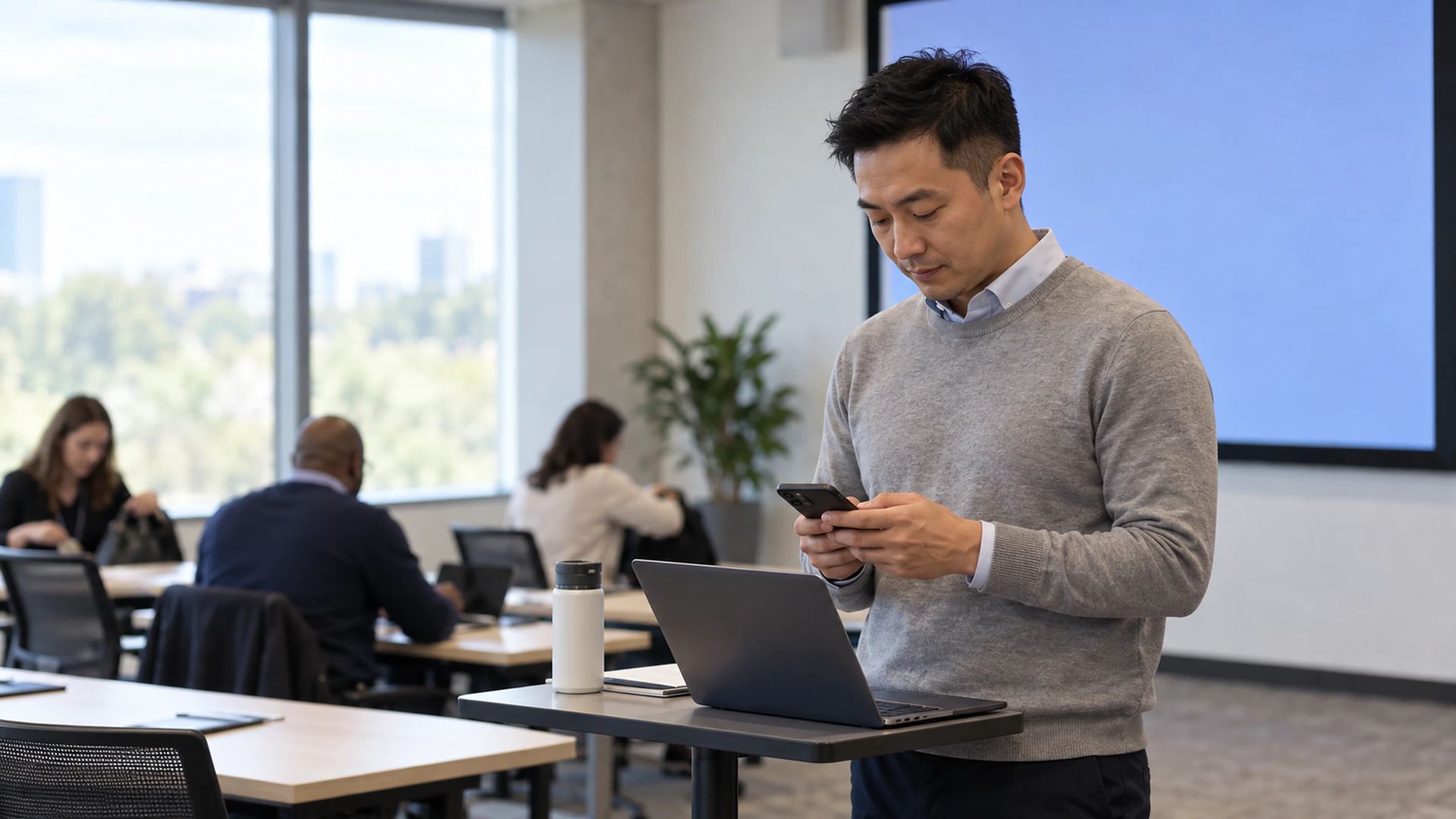 Person checking a phone at the front of a training room as learners take their seats