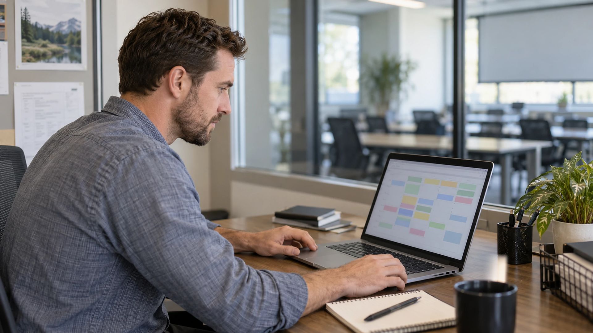 Office worker at a desk beside a training room