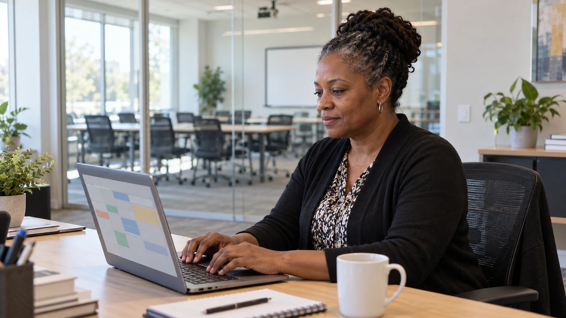 Office worker at a desk beside a glass-walled training room