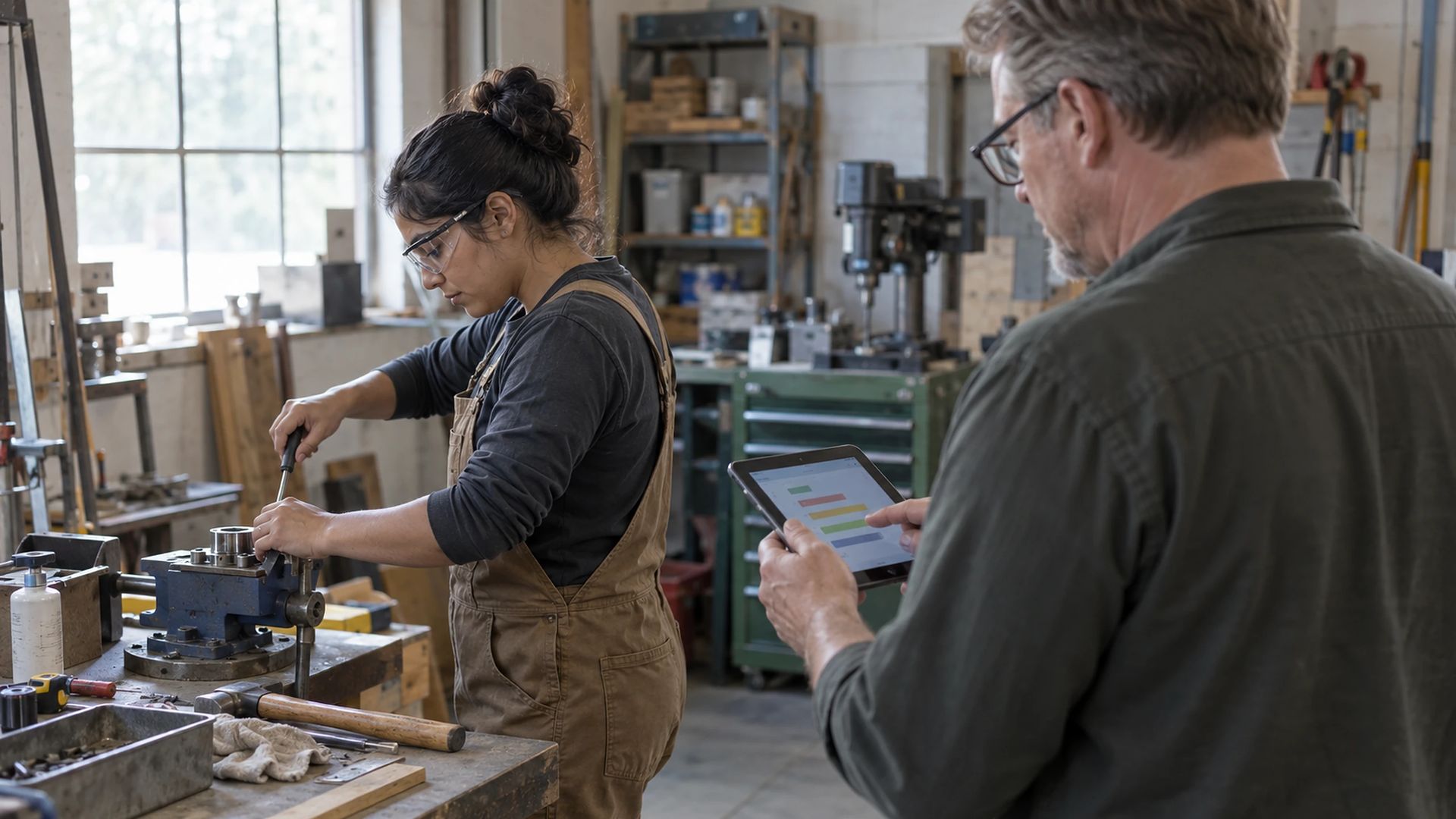 Person holding a tablet beside an apprentice working at a workbench vise