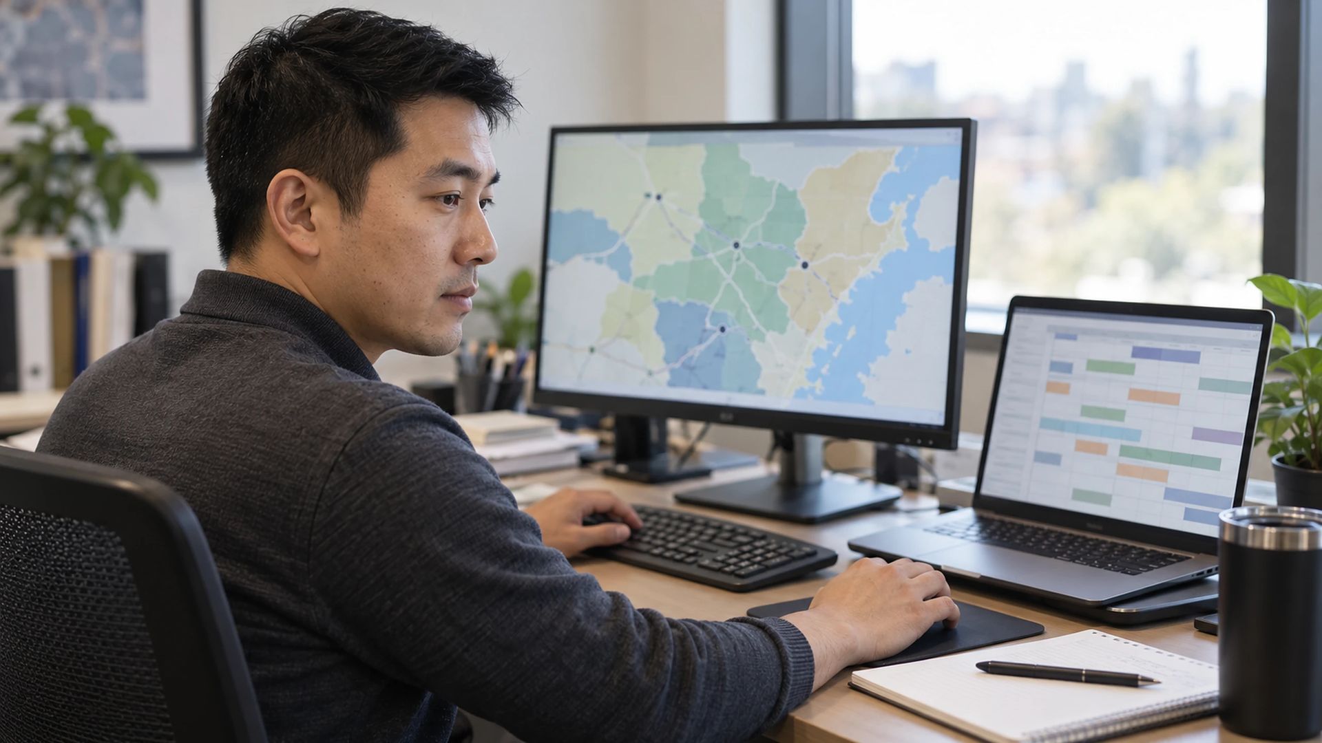Office worker at a desk with a regional map on screen
