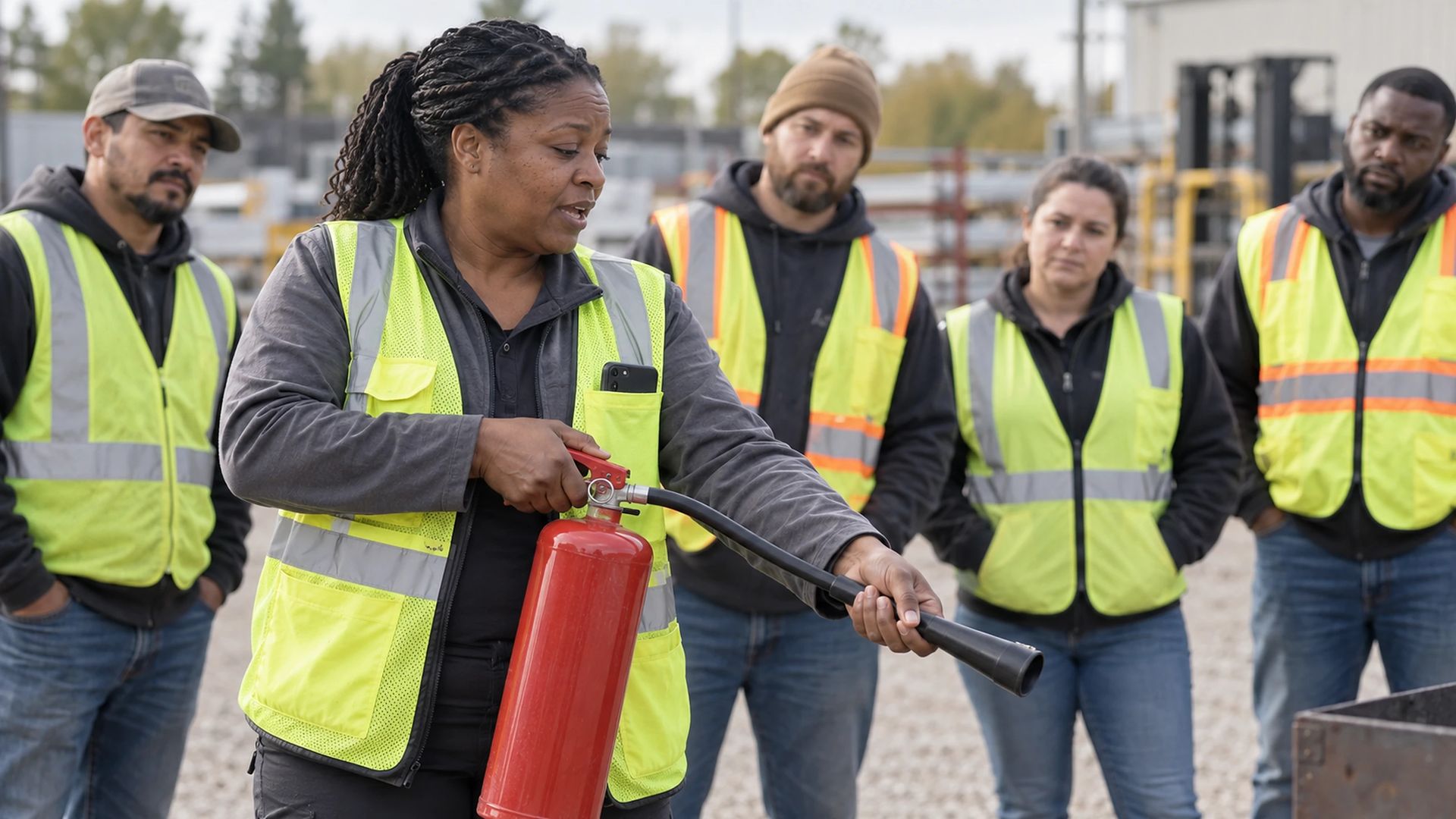 Instructor demonstrating a fire extinguisher to a small group in hi-vis outdoors