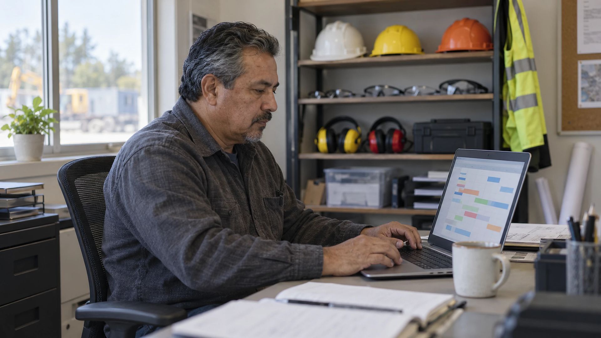 Office worker at a desk in a site office, safety equipment on a shelf behind