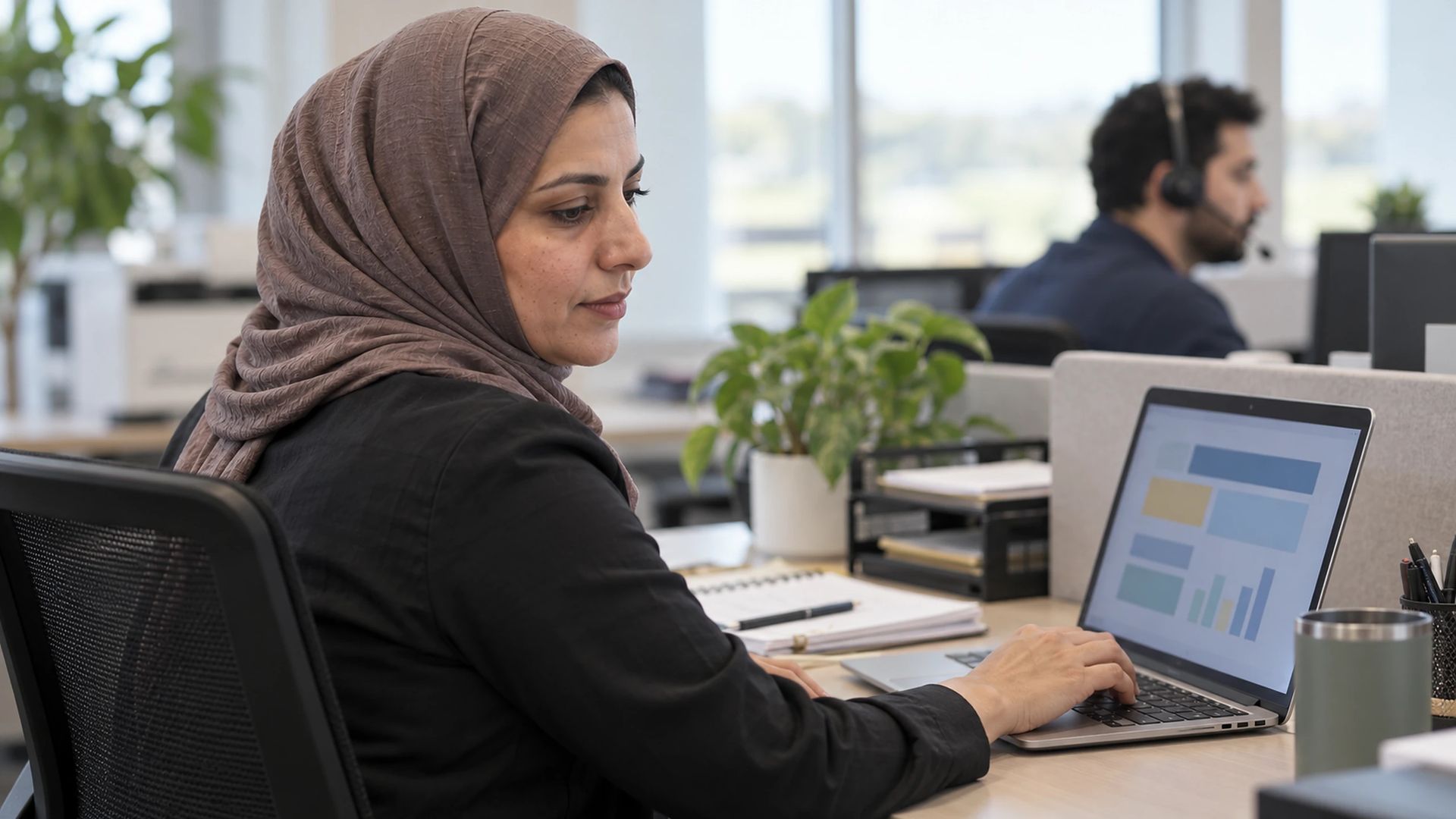 Office worker using a laptop, a colleague with a headset behind