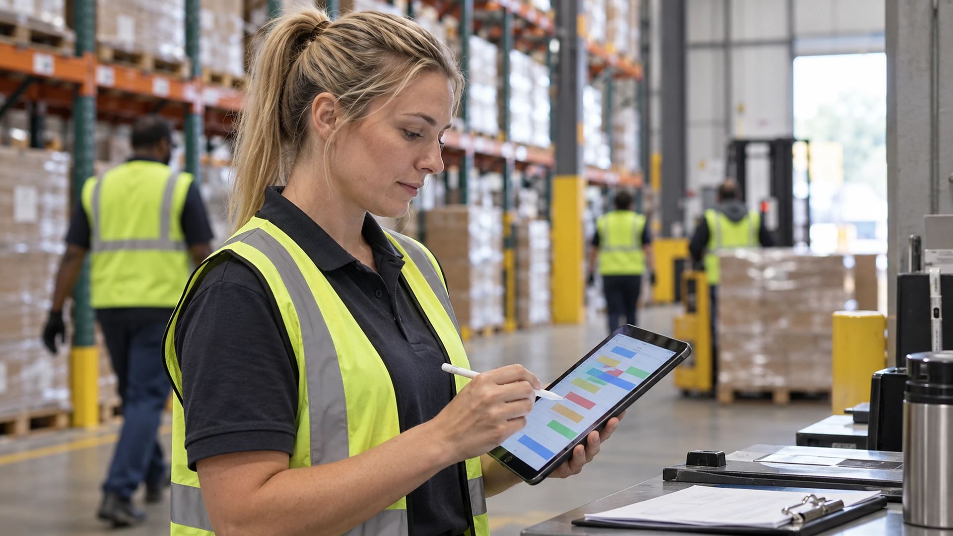 Person in a hi-vis vest reviewing a tablet at a supervisor station on a warehouse floor