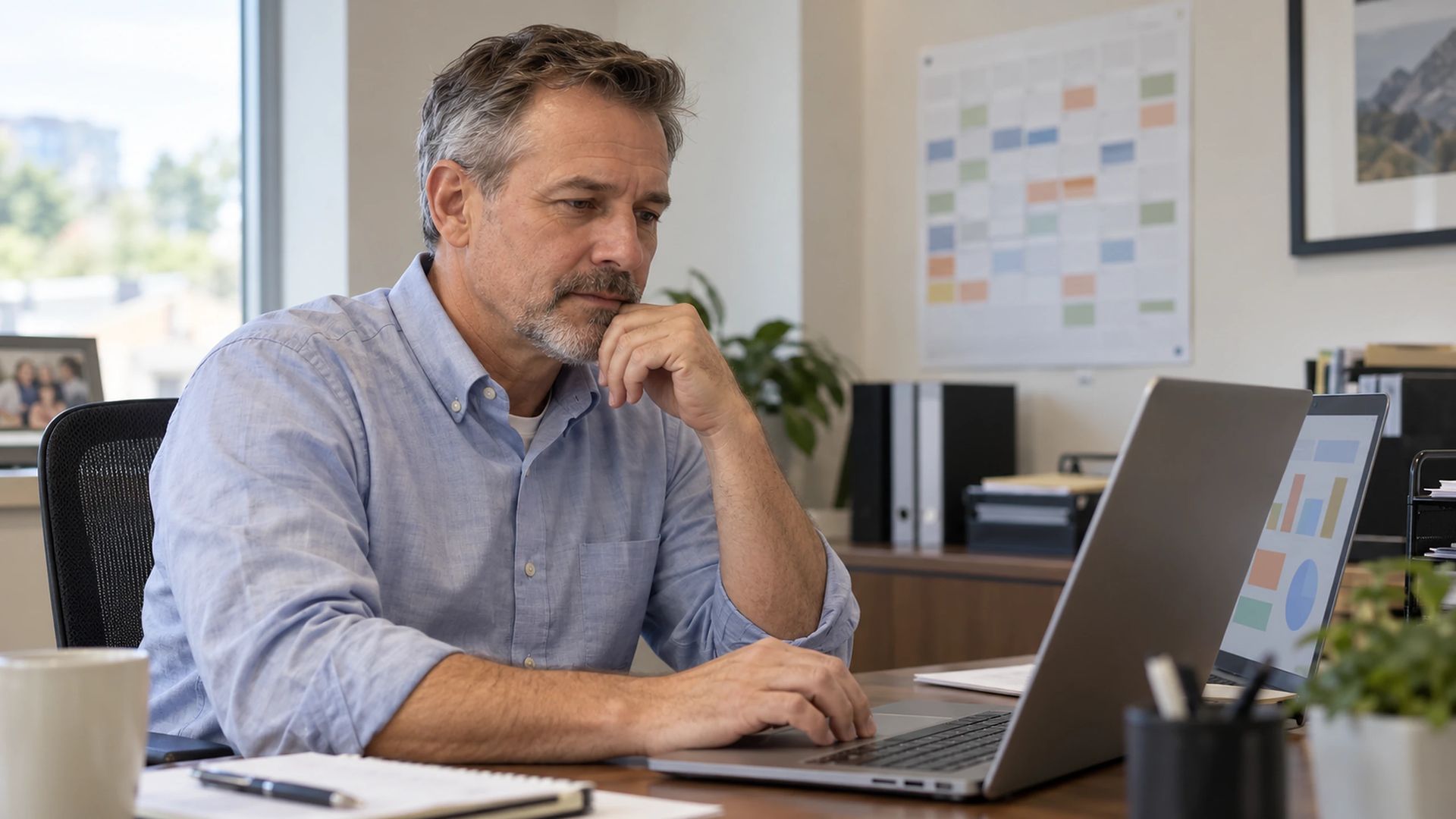 Person using a laptop at a tidy office desk