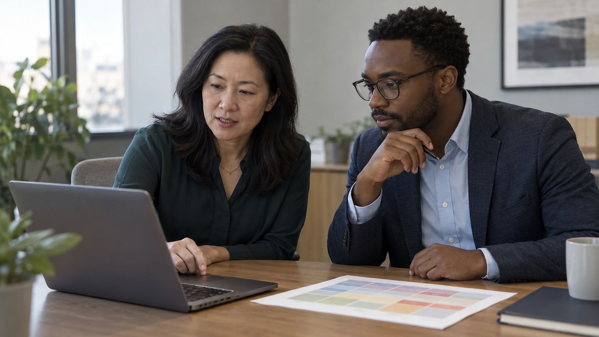Two colleagues looking at a laptop in a meeting room