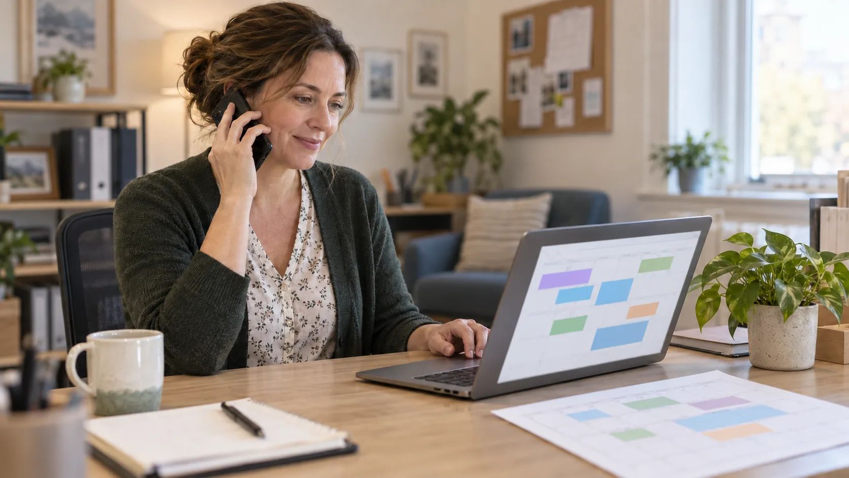 Office worker on a phone call with a calendar open on a laptop