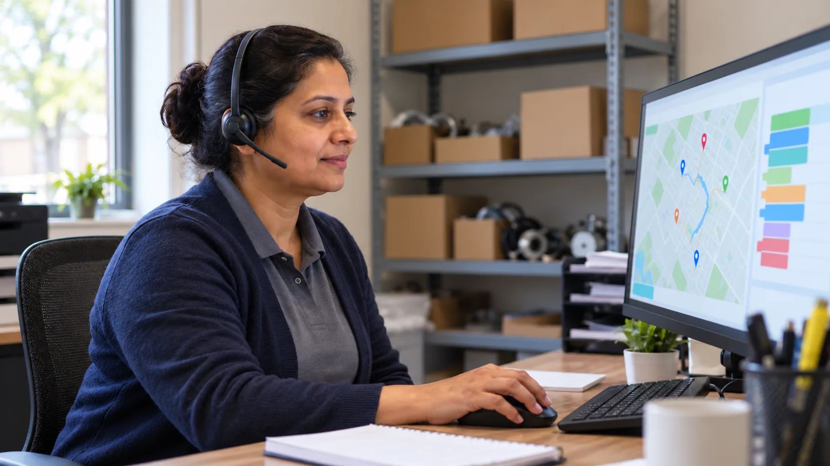 Office worker with a headset at a desk, a route map on the monitor