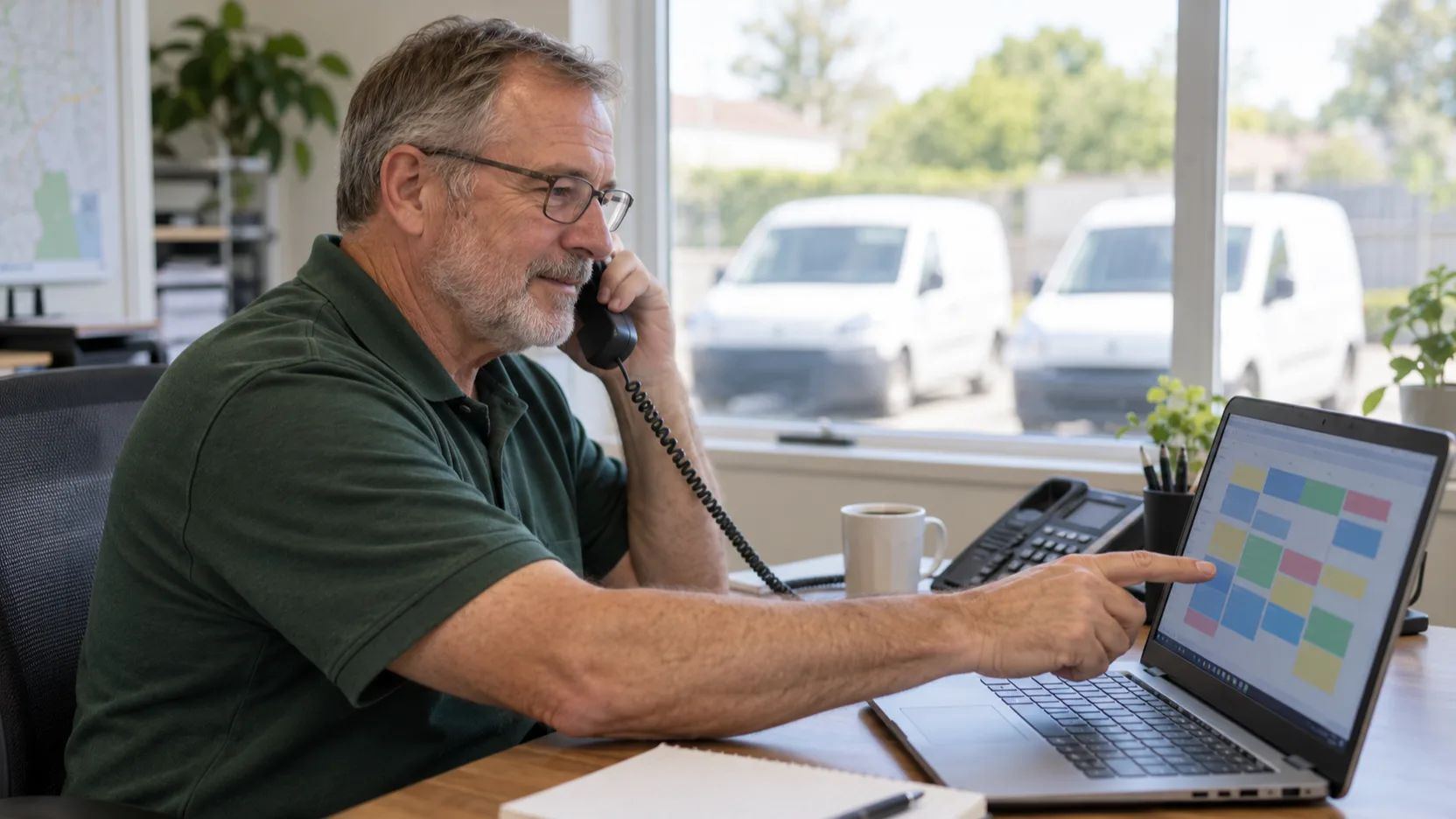 Office worker on a desk phone pointing to a schedule on a laptop