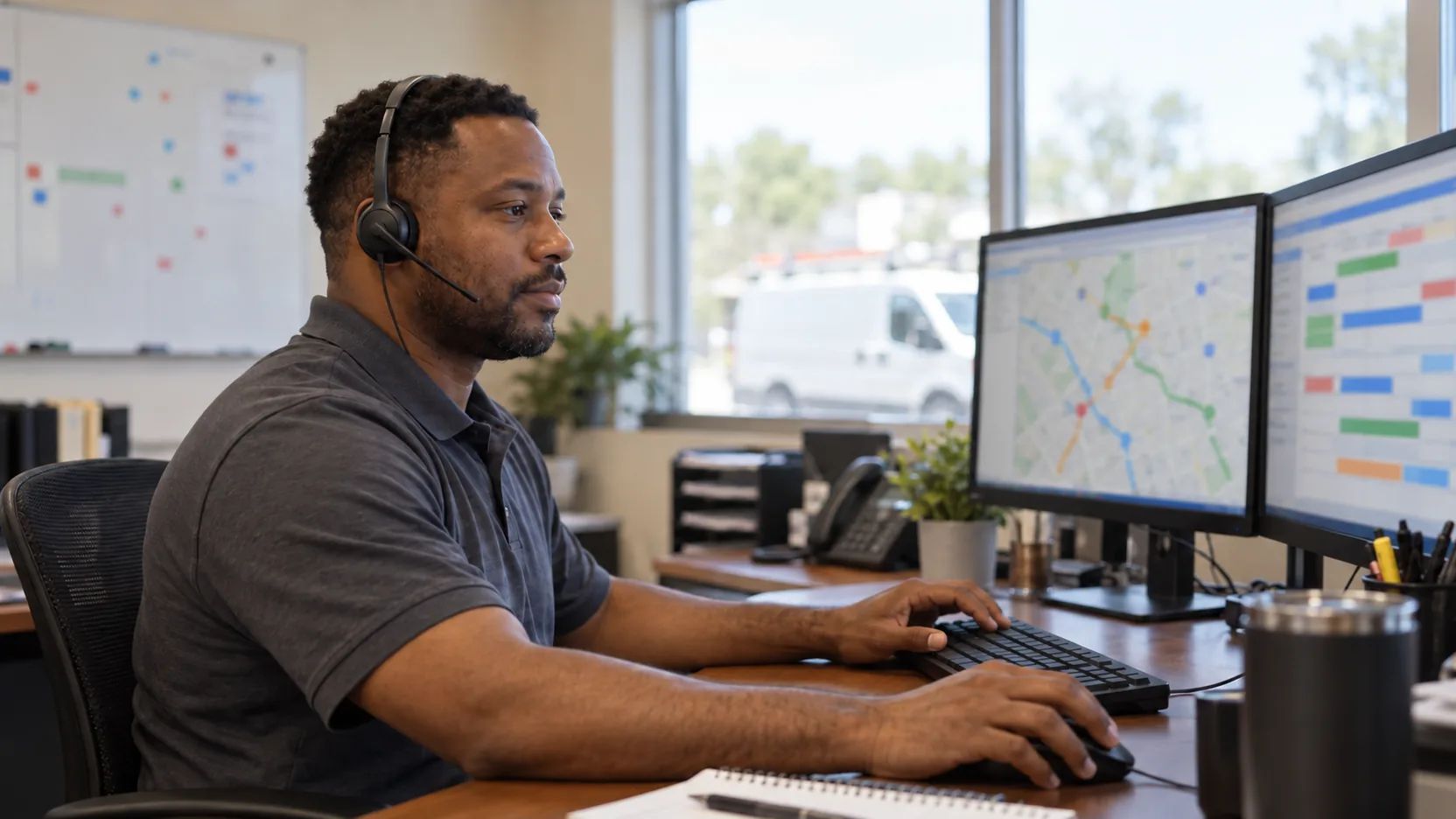 Office worker with a headset at a desk, a route map and schedule on two monitors