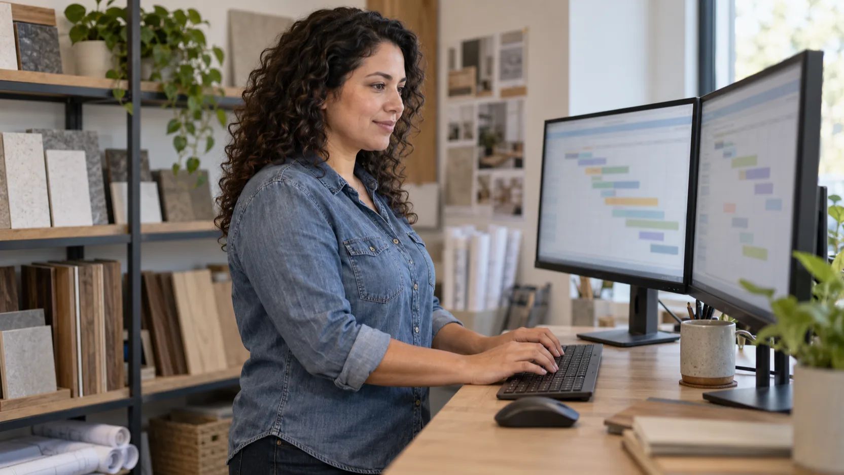 Office worker at a standing desk with timeline charts on two monitors
