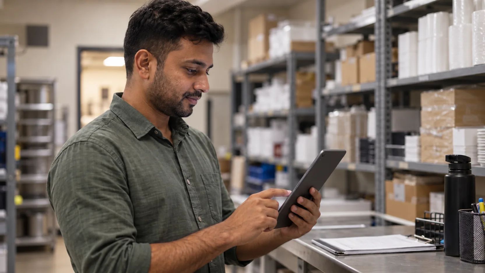 Worker using a tablet in a stockroom