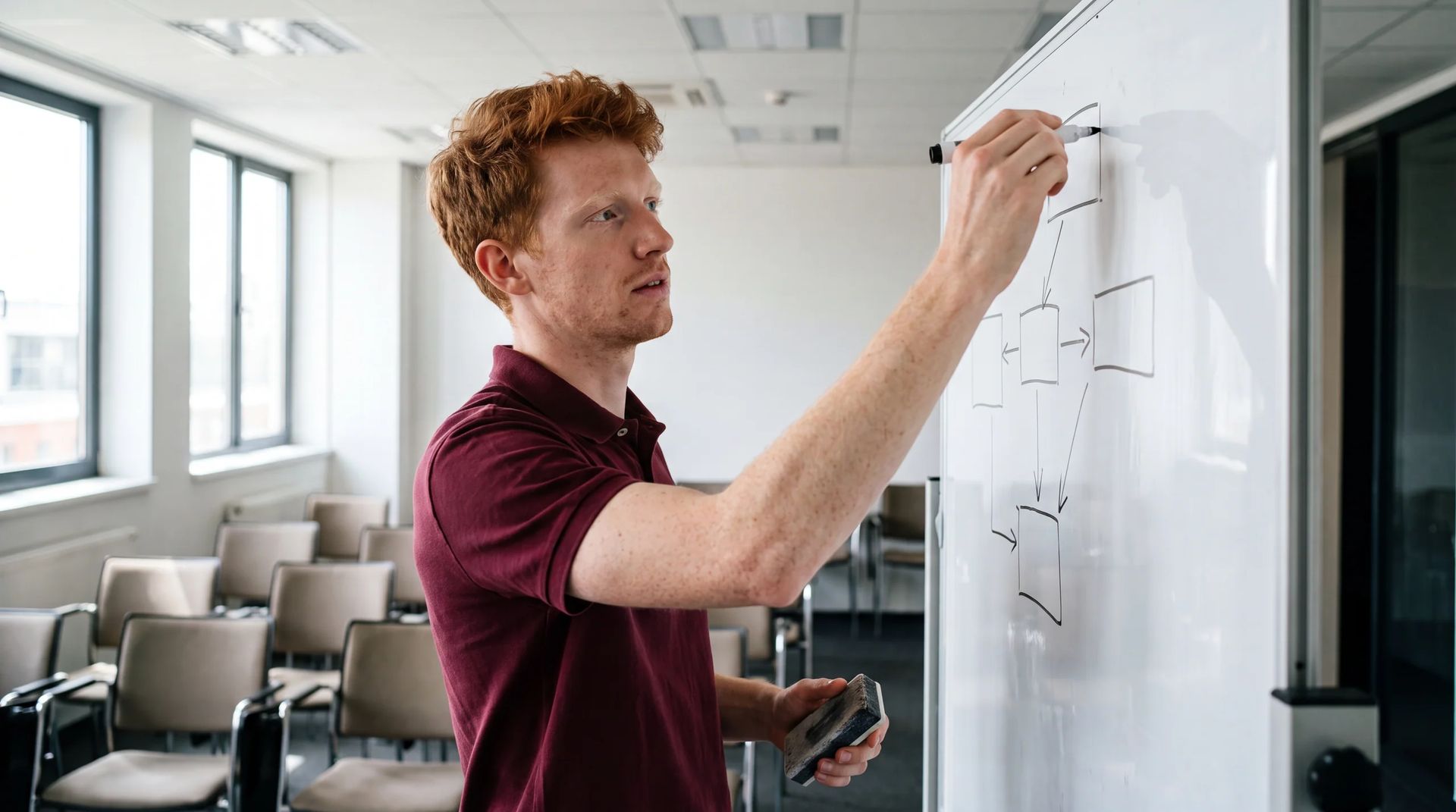 Trainer sketching boxes-and-arrows diagram on whiteboard