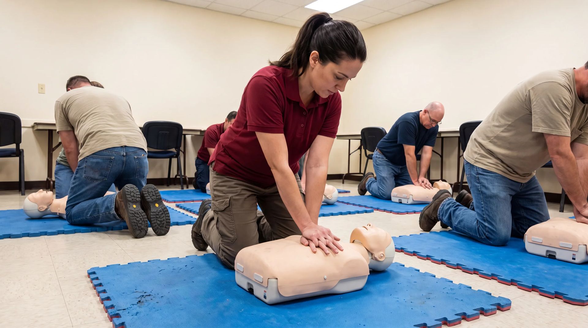 Trainer mid-compression on CPR manikin, trainees copying at their own manikins