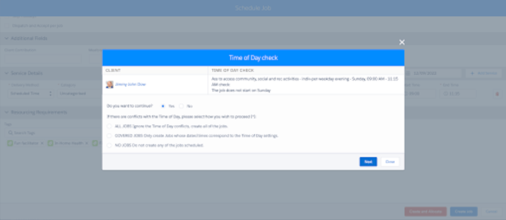 Time of Day check dialog listing a client's Time of Day conflict with options to proceed with all, compliant only or none