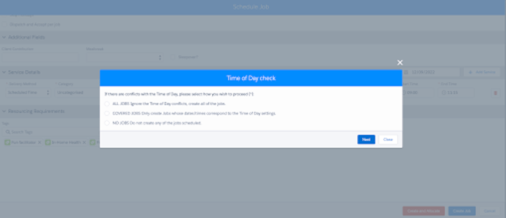 Time of Day check dialog asking how to proceed with conflicts: create all, only compliant jobs, or none