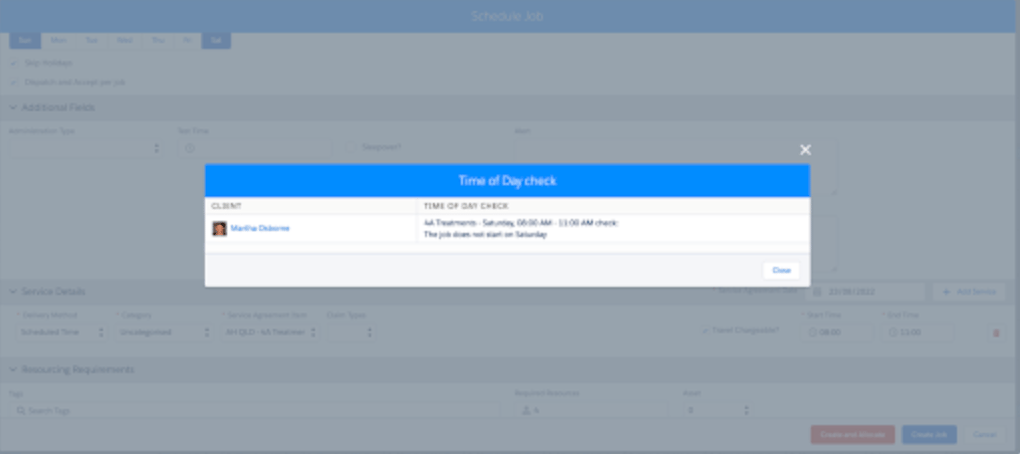 Time of Day check dialog showing a client's Time of Day conflict with only a Close button