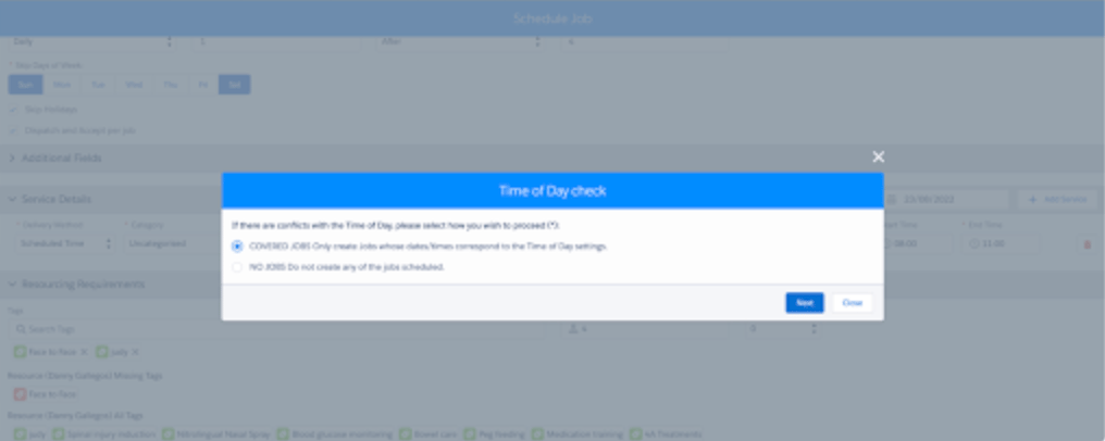 Time of Day check dialog with the option to create only jobs that comply with Time of Day settings, or none