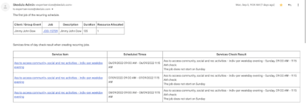 Skedulo Admin email listing a recurring job and the services Time of Day check result for each occurrence